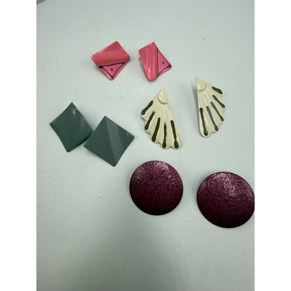 Vintage 80s Enamel Earring Lot Geometric Abstract Post Earrings Pink Purple Grey